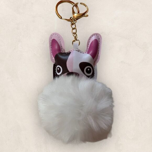 Frenchie Faux Leather Pompom Key Ring Purse Charm - Picture 2 of 3